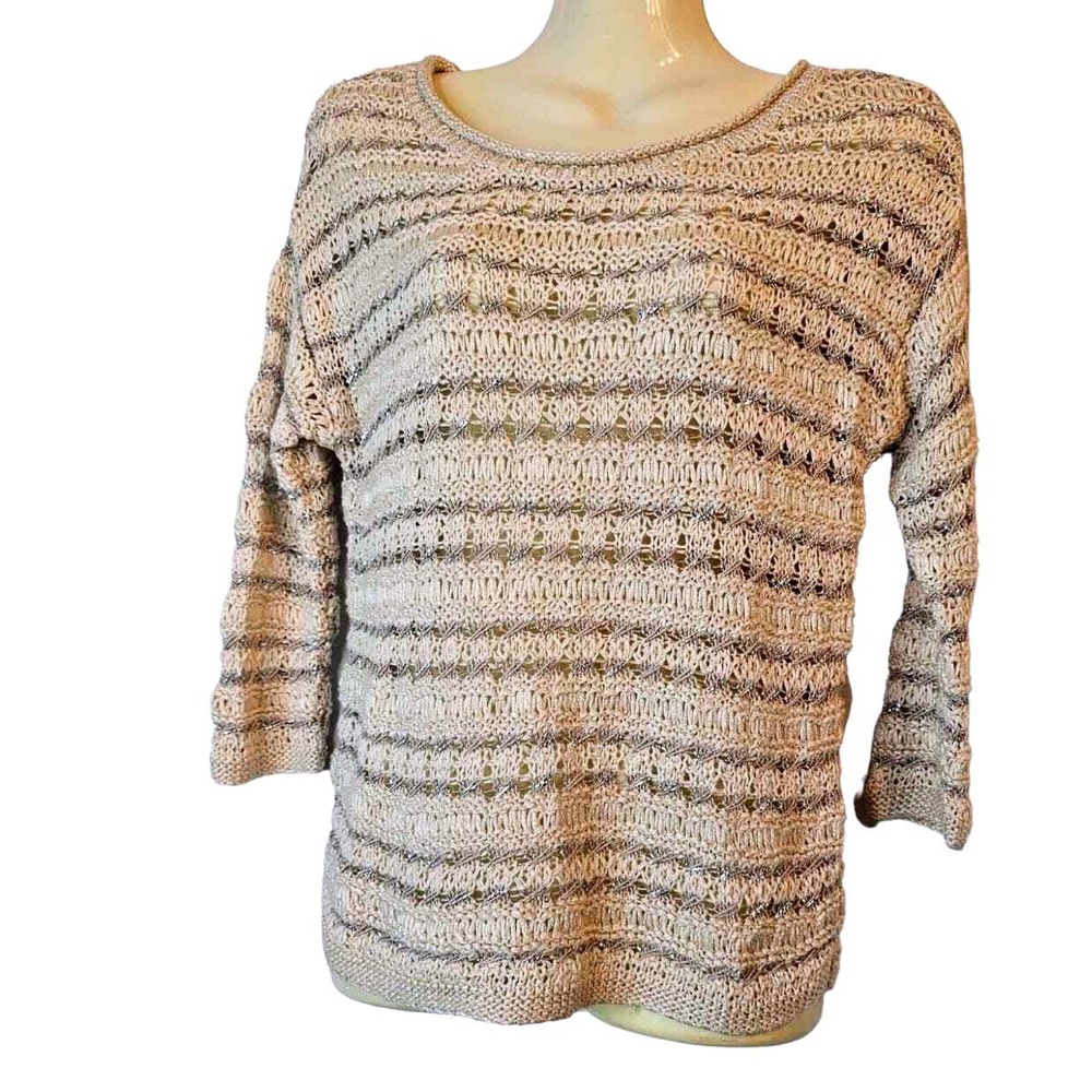 Lucky Brand Sweater Women XS Cream Silver Metallic Open Knit New 7W50994 - Picture 11 of 13